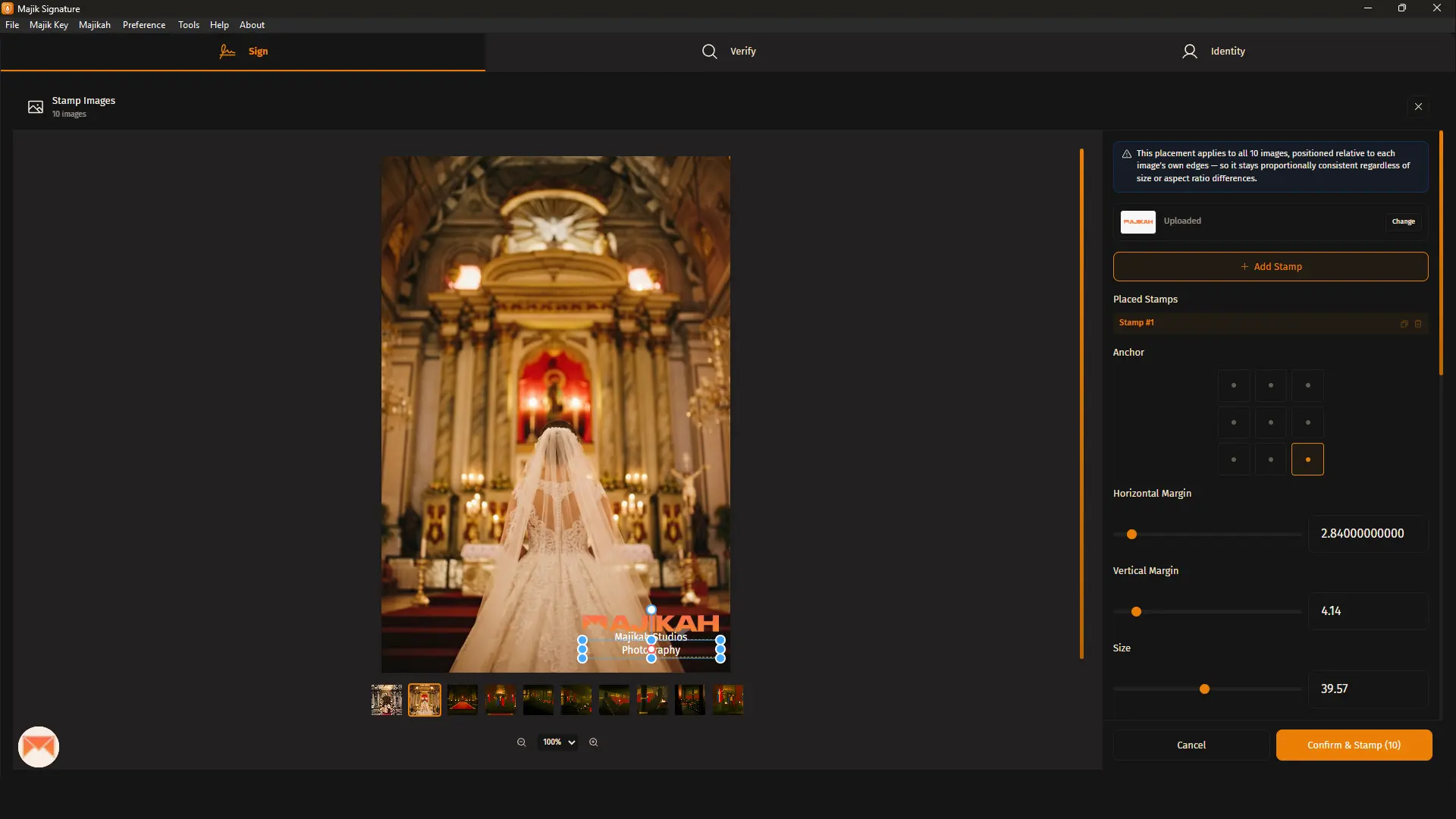 Majik Signature Image Stamping interface showing a wedding photograph being configured with a watermark overlay.