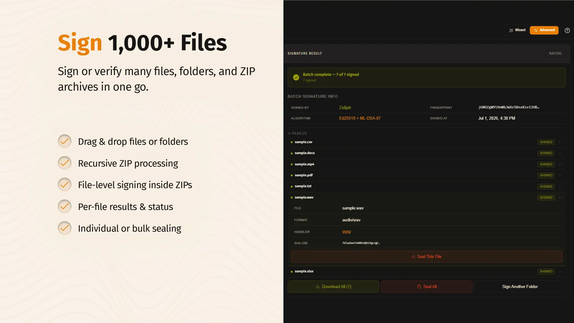 Screenshot of Majik Signature's Batch Signing feature showing multiple files queued for signing in a single operation.