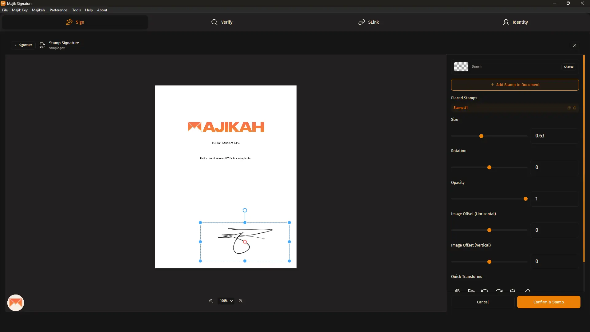 A drawn signature stamp being resized and positioned onto a PDF document within the Majik Signature application.