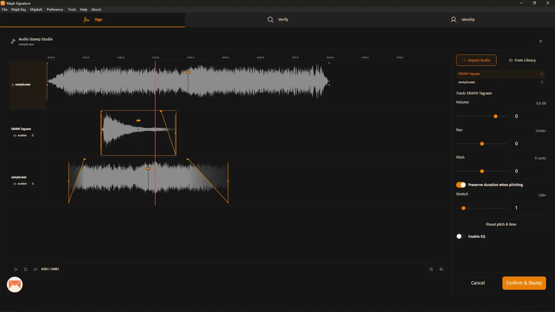 Majik Signature Audio Stamping editor showing a producer tag layered onto a track waveform.
