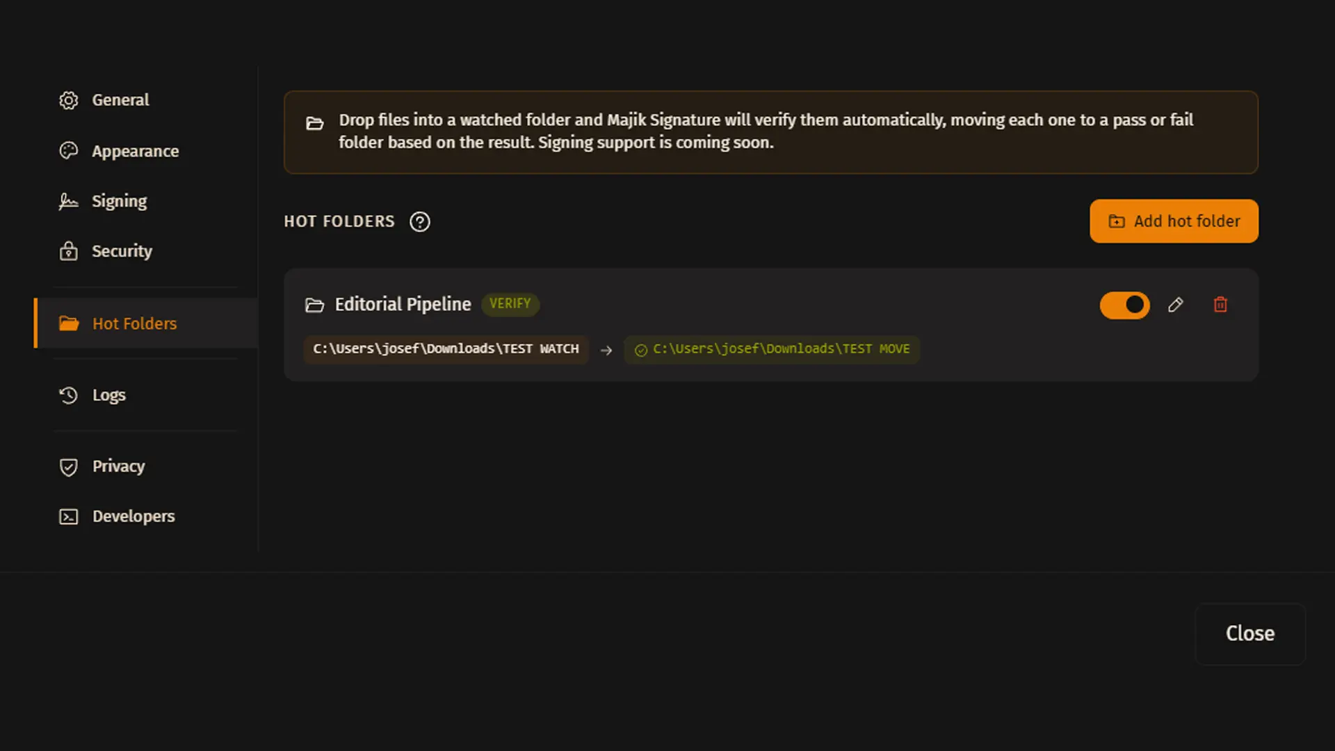 The Hot Folders tab inside Majik Signature's App Preferences dialog