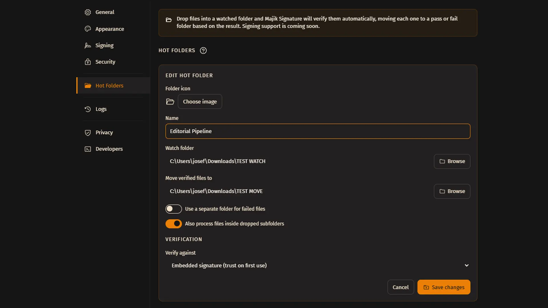 The Add hot folder form showing name, icon, folder pickers, and verification settings